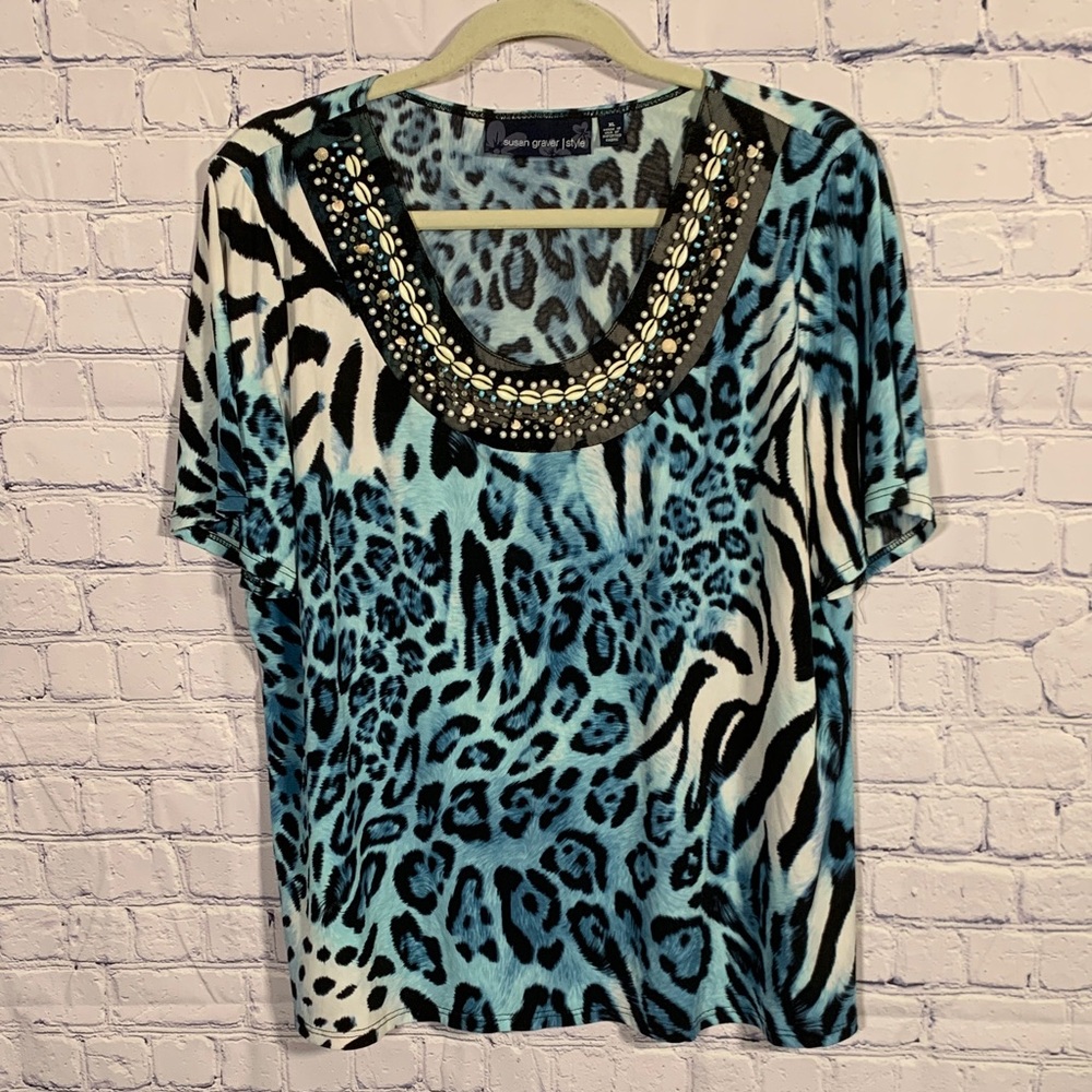 Susan Graver Womens Liquid Knit Animal Print & Beaded Short Sleeve Top Blue XL